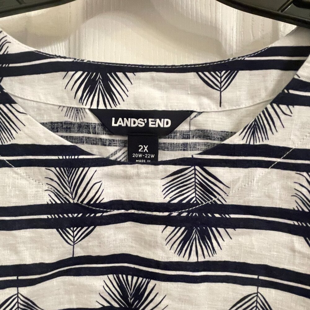 Lands' End Short Sleeve Linen Shirt Blue White Striped Palm Leaf Cruise Wear 2X - Picture 4 of 6
